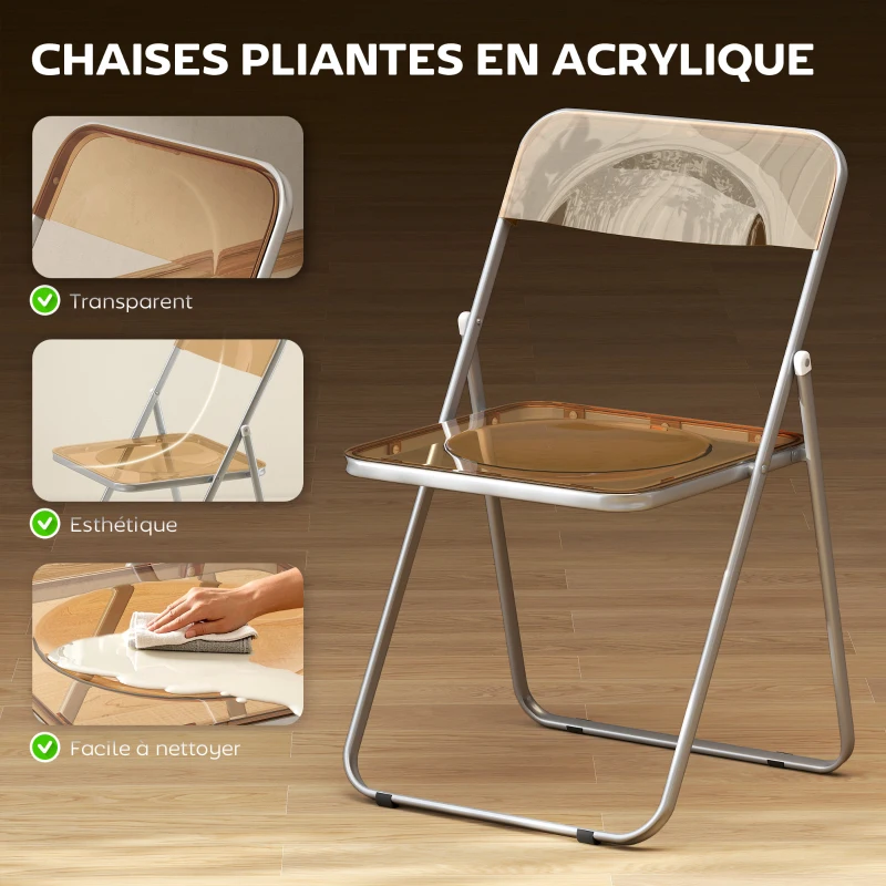HOMCOM Lot de 4 chaises pliantes en acrylique et acier, chaises pliantes portables pour maison, salle à manger, oranges