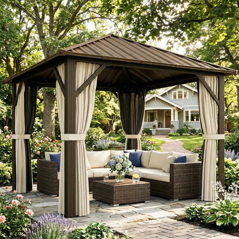Outsunny Pavilion de grădină aprox. 3 x 3 m pavilion din aluminiu cu acoperiș din oțel Hardtop plasă anti-țânțari 4 părți, UPF50+