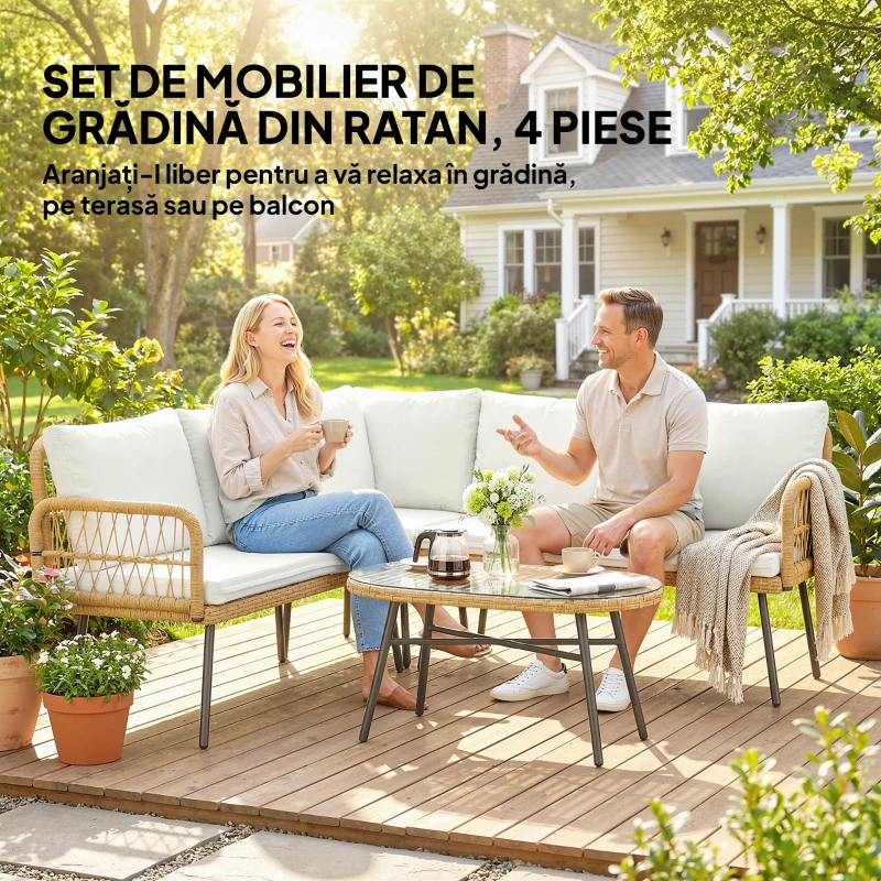 Outsunny Set Mobilier Grădină din Ratan, 4 Piese în Formă de L, cu 2 Canapele, Colțar, Măsuță de Cafea și Perne, Cadru din Oțel, pentru Balcon sau Terasă, Natural/Crem