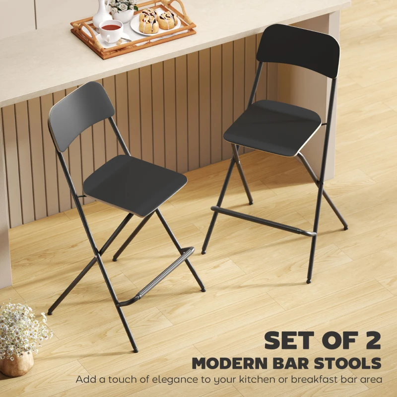 HOMCOM 2 Pcs Folding Bar Stool Chair with Steel Frame and Wooden Effect Seat, Portable Counter Height Kitchen Barstool with Footrest, Modern Foldable Seat for Kitchen, Dining, Black
