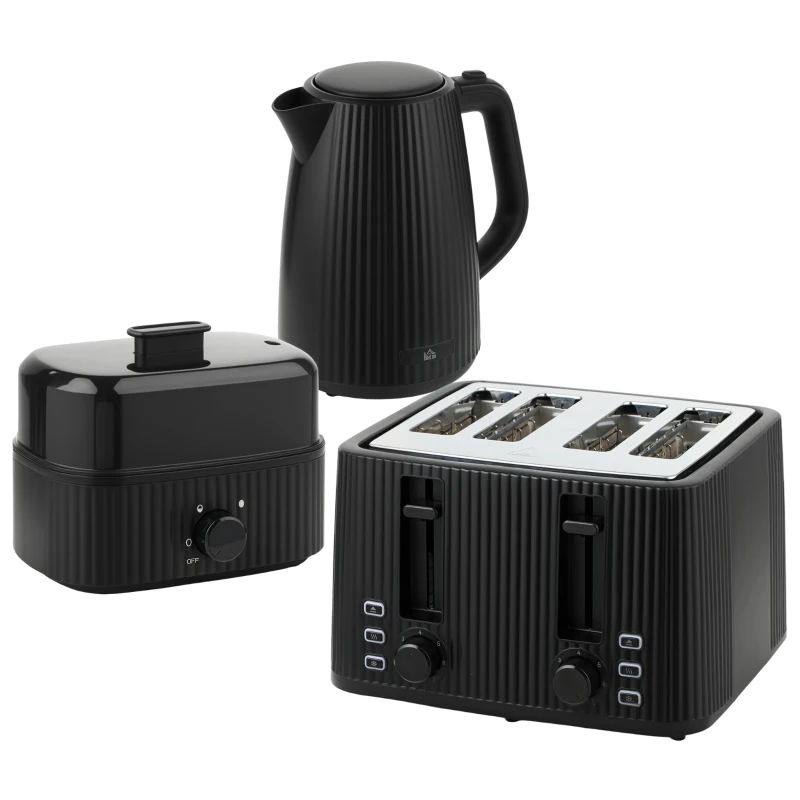 HOMCOM 1,7L Schnellkoch-Wasserkocher und 4-Scheiben-Toaster-Set, Eierkocher für 6 Eier mit Kontrollleuchte Schwarz
