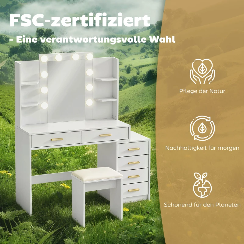 HOMCOM Schminktisch mit beleuchtetem Spiegel und gepolstertem Hocker, Schminkset mit 6 Schubladen und Ablagen, Weiß