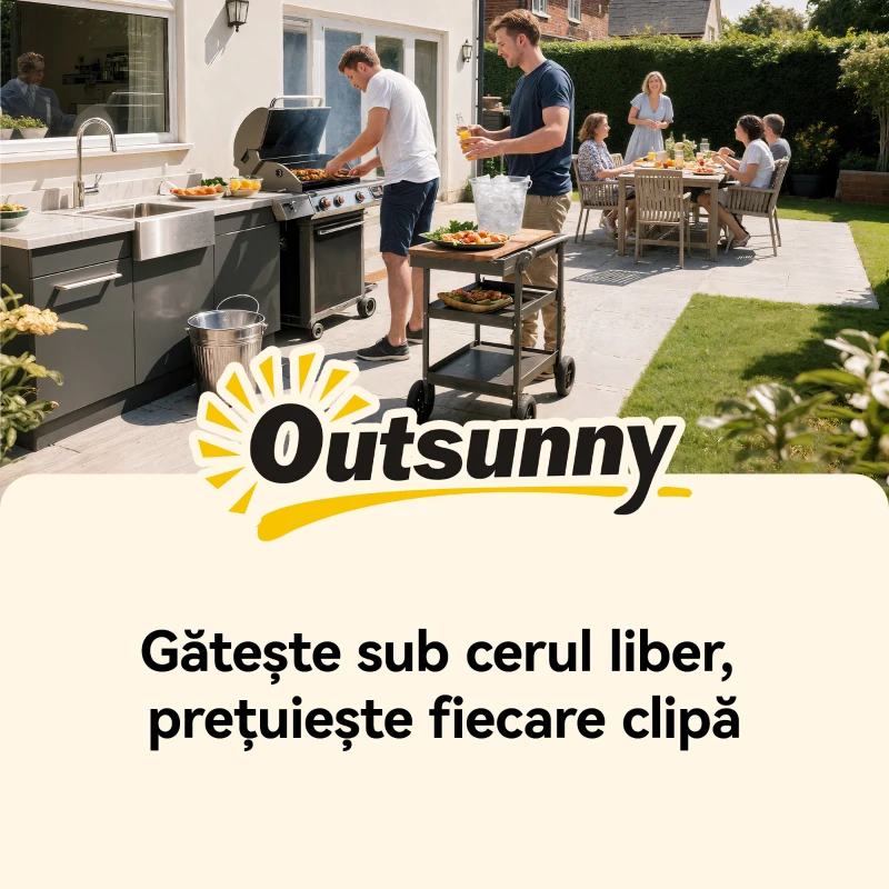Outsunny Troller pentru Grătar de Exterior cu Blat din Oțel Inoxidabil, 4 Cârlige, Mâner și Roți Blocabile, Negru