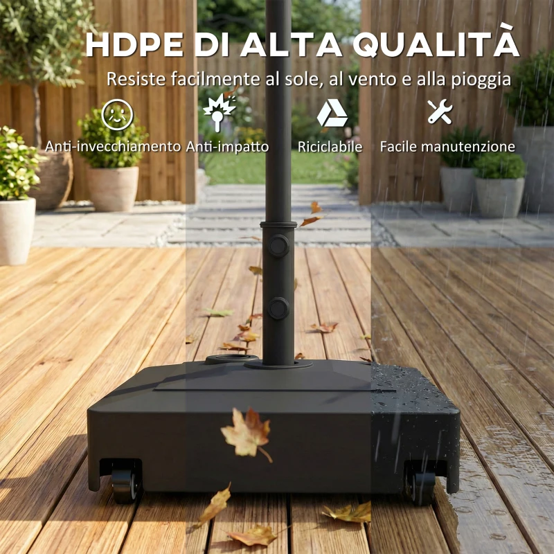 Outsunny Base per Ombrellone a Rotelle con Freni, Riempibile con Acqua o Sabbia, per Pali da Ø35/38/48mm, Nero