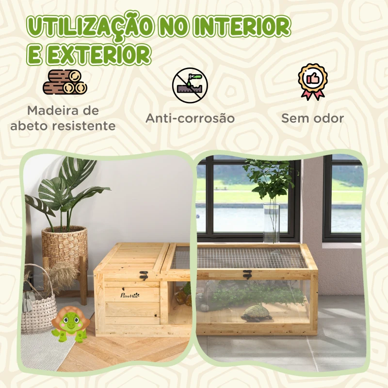PawHut Terrario para Reptéis Casa para Tartarugas de Madeira com Painéis Laterais Transparentes e Trava 91x60,5x32 cm Madeira