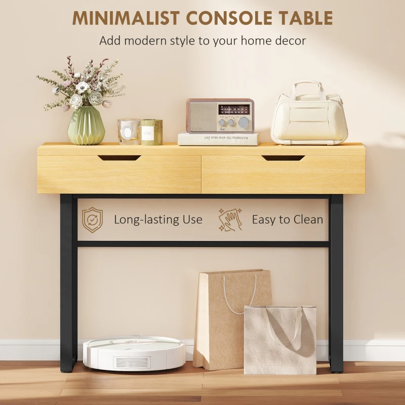 HOMCOM Konsolowy stolik, wąski stolik do przedpokoju z 2 szufladami, metalowa rama, do przedpokoju, 110 x 35 x 76,5 cm, naturalny