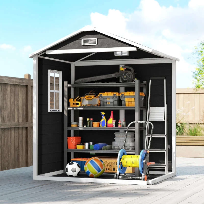 Outsunny 6'x4.5' Garden Storage Shed, Lockable Garden Shed with Double Doors, Window, Vent and Plastic Roof, Black