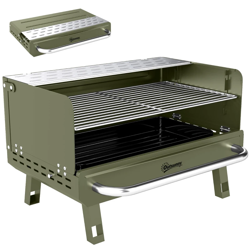 Outsunny Portable BBQ Grill, Charcoal Barbecue Grill with Adjustable Grates, Foldable Legs, Side Shelf for Camping Travel, Green