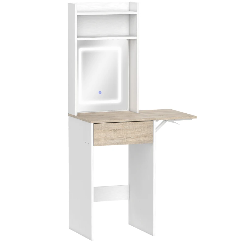 HOMCOM Small Vanity Desk with Mirror and LED Lights, Compact Dressing Table with Drop Leaf, Open Shelves and Drawer, White