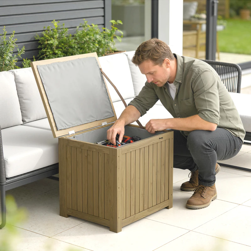 Outsunny Bancă de Exterior 130L, Capac, Cutie Lemn cu Balamale și Curea