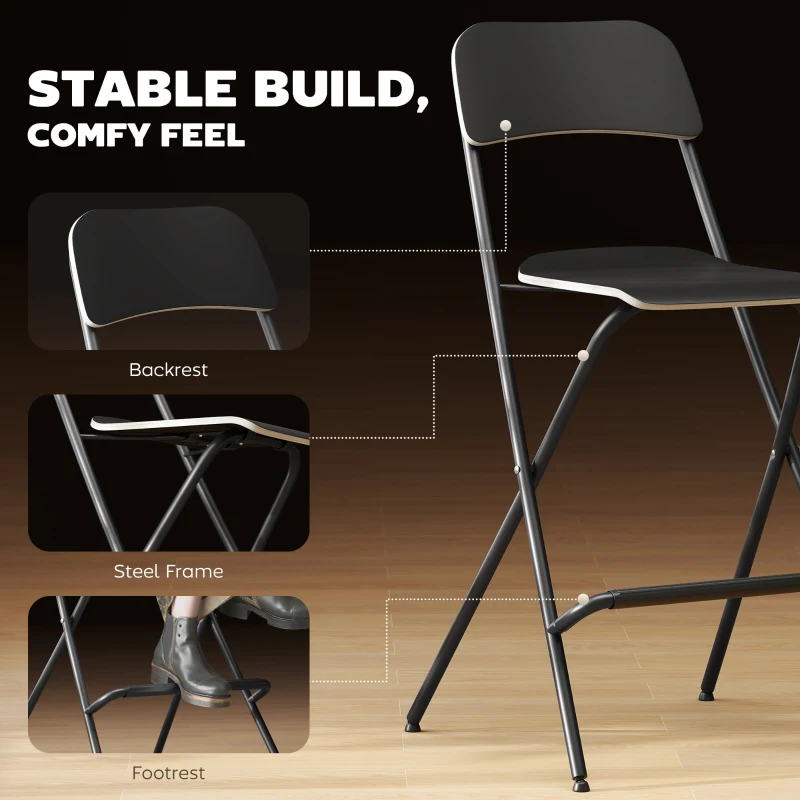 HOMCOM 2 Pcs Folding Bar Stool Chair with Steel Frame and Wooden Effect Seat, Portable Counter Height Kitchen Barstool with Footrest, Modern Foldable Seat for Kitchen, Dining, Black