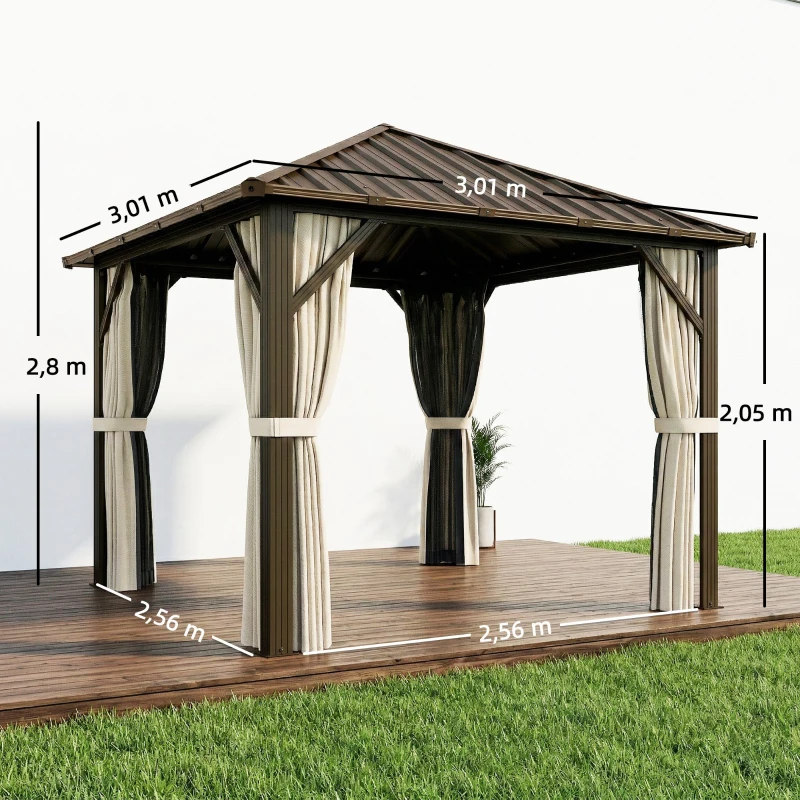 Outsunny Pabellón de jardín aprox. 3 x 3 m Pérgola de aluminio con techo de acero rígido, mosquitera, 4 paneles laterales, UPF50+