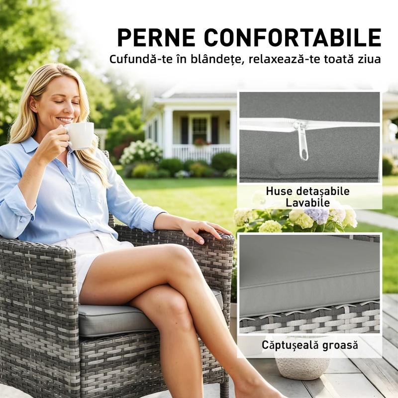 Outsunny Set de 2 Scaune de Grădină din Ratan, Scaune de Exterior cu Perne, Cotiere și Spătar Înalt, Cadru din Oțel pentru Verandă, Balcon, Lângă Piscină și Grădină, Gri