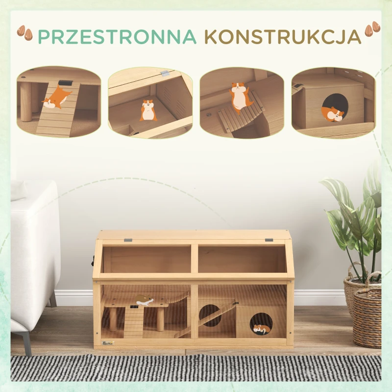 PawHut Klatka dla chomików syryjskich i karłowatych, z platformą, wiszącym mostkiem, chatką, 85x45x44 cm