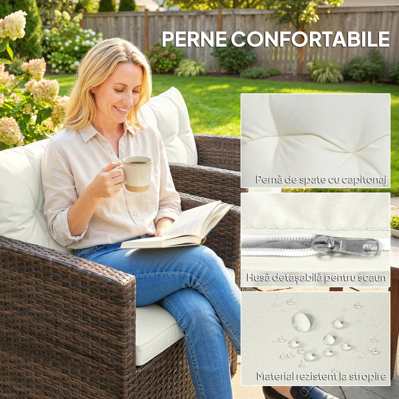 Outsunny Set Bistro pentru Exterior 3 Piese din Ratan cu Măsuță pe 2 Niveluri, Perne pentru Balcon și Terasă, Maro și Crem