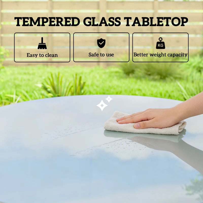 Outsunny Stół ogrodowy stalowy z rantem z PE-rattanu, regulowane nóżki, dla 4 osób, 80 x 80 x 74 cm, szary