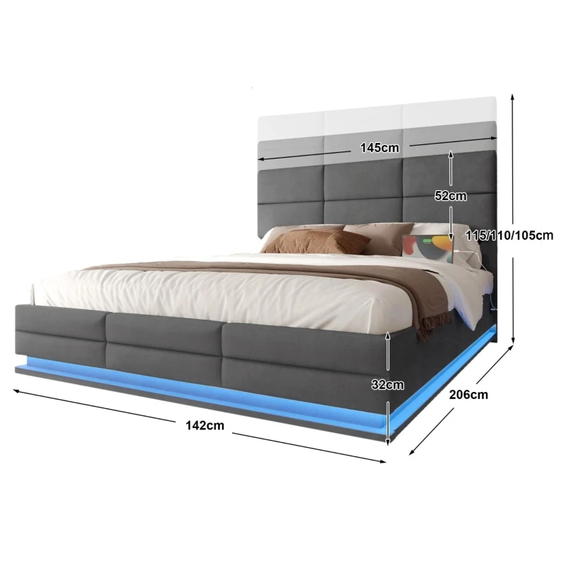 Lit rembourré en velours avec tête de lit réglable en hauteur, éclairage LED et système de levage hydraulique, sans matelas, 140x200 cm, Gris