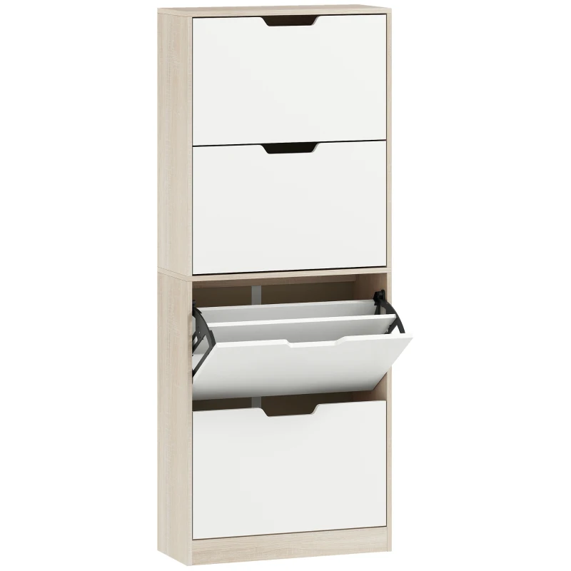 HOMCOM Scarpiera Salvaspazio Slim a 4 Cassetti per 20 Paia di Scarpe 62.5x26x156 cm, color Legno e Bianco