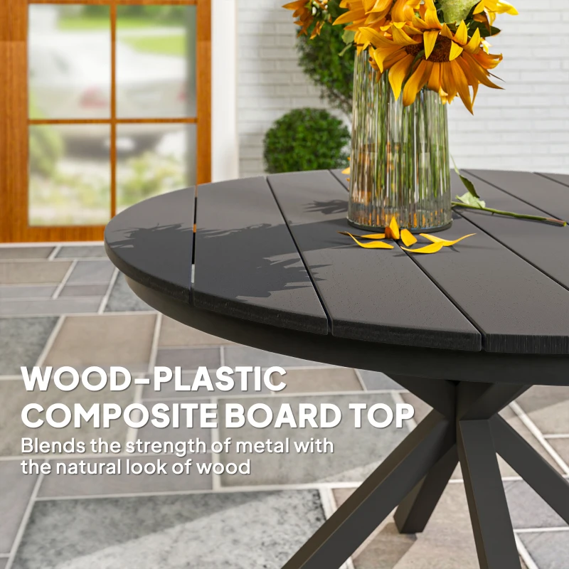 Outsunny Stół Ogrodowy Ø118cm, Odporny na Warunki Atmosferyczne Stół Tarasowy z Aluminium, Stół z Krzyżowymi Nogami i Żebrowanym Blatem, Czarny