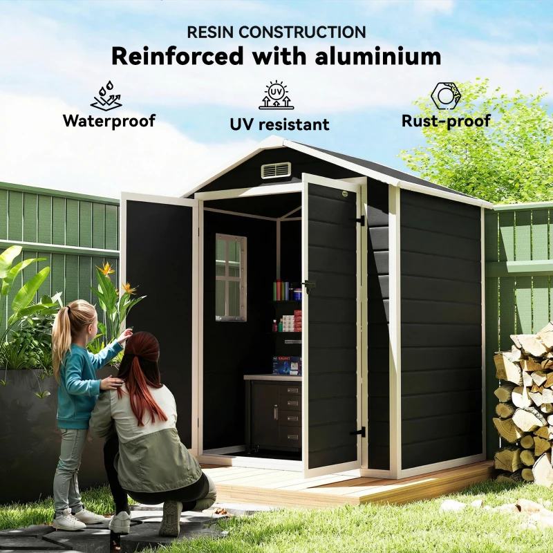 Outsunny 6'x4.5' Garden Storage Shed, Lockable Garden Shed with Double Doors, Window, Vent and Plastic Roof, Black