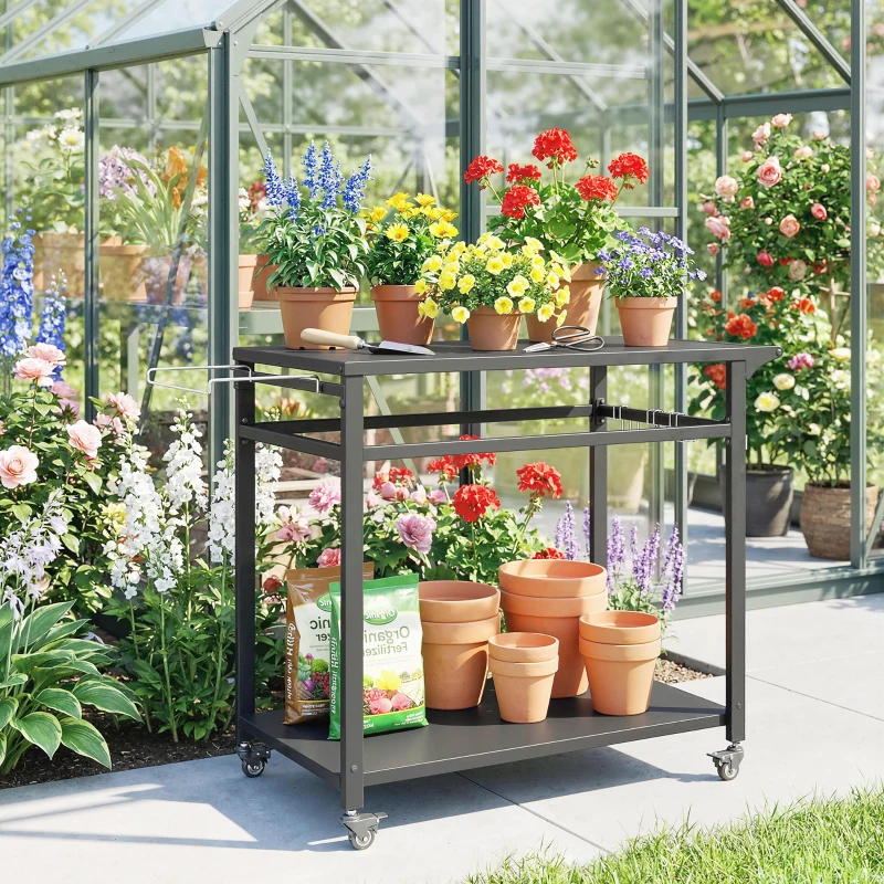 Outsunny Carrinho para Churrasco 2 Prateleiras Suporte para Pizza Suporte para Sacos e Ganchos Preto