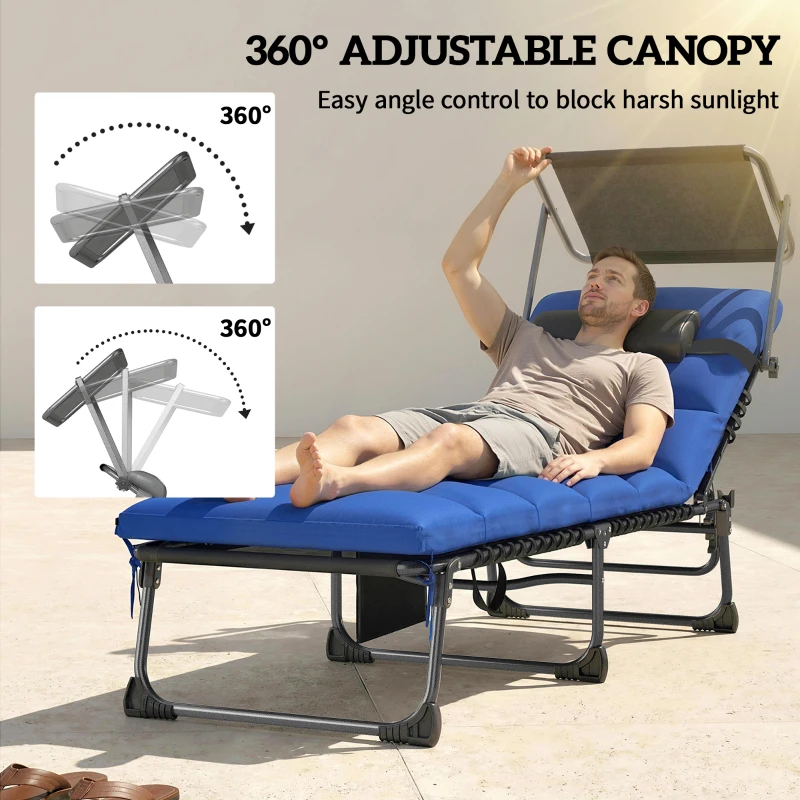 Outsunny Folding Sun Loungers Set of 2 with Canopy, Reclining Sunbed with Cushion, Side Pocket, Carrying Handle, Dark Blue