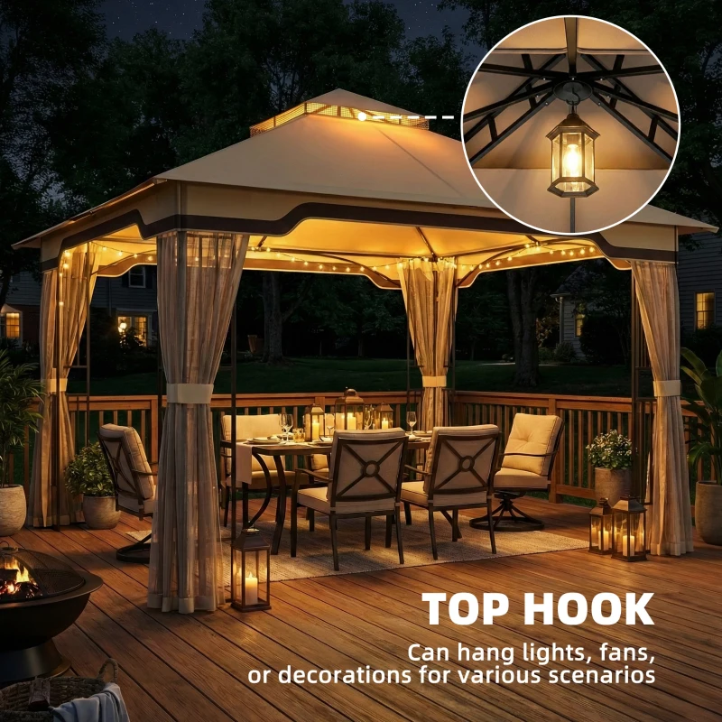 Outsunny 3.3 x 3.3 m Outdoor Garden Gazebo with Post Shelves, UPF50+ Patio Permanent Pavilion with Hook, Khaki