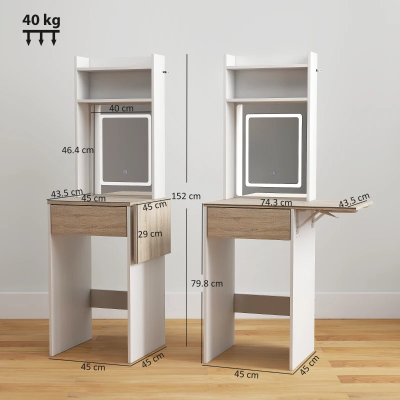 HOMCOM Small Vanity Desk with Mirror and LED Lights, Compact Dressing Table with Drop Leaf, Open Shelves and Drawer, White