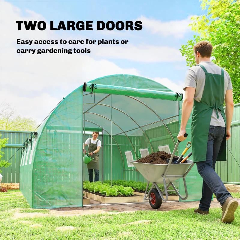 Outsunny Szklarnia foliowa ok. 4 x 3 x 2 m z rolowanymi drzwiami, 2 drzwiami na zamek błyskawiczny i 8 oknami z siatką, zielona