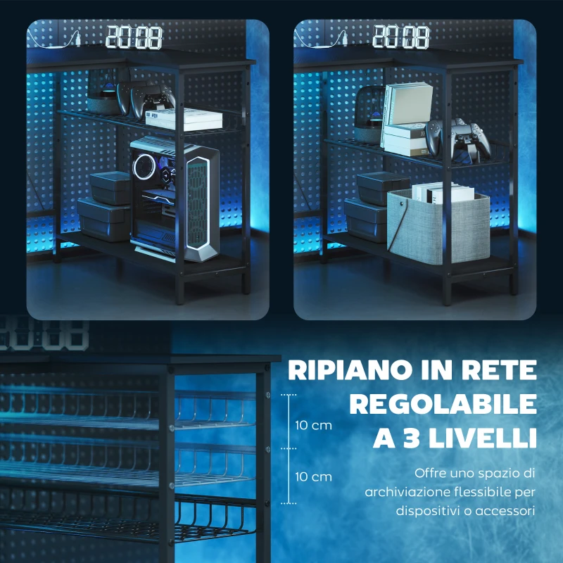 HOMCOM Scrivania Gaming Angolare con LED, Prese Elettriche, Supporto per Monitor e Scaffale, Nero