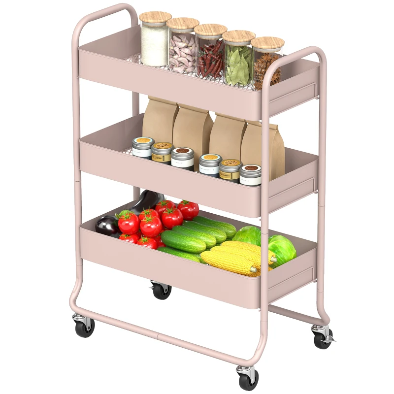 HOMCOM 3-Tier Storage Trolley on Wheels, Rolling Utility Cart with Mesh Backets for Kitchen, Bathroom, Bedroom, Light Pink