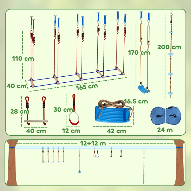 AIYAPLAY Ninja Line Set Slackline copii 24 m cu inele gimnastice, 7 obstacole, bară de cățărat, pod de echilibru pentru 3-6 ani Roșu+Albastru