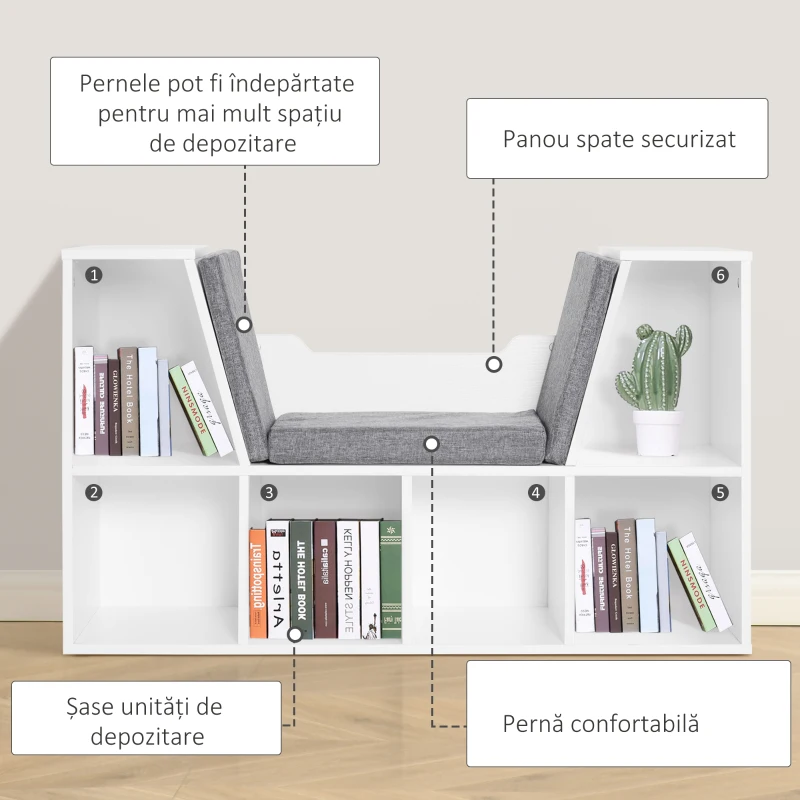 HOMCOM Bibliotecă Raft 2 în 1 cu Perne Moi și 6 Compartimente, Mobilier Multifuncțional pentru Cărți și Jocuri, Raft cu 6 Cuburi pentru Living, Dormitor și Birou, 102x30x61 cm, Alb