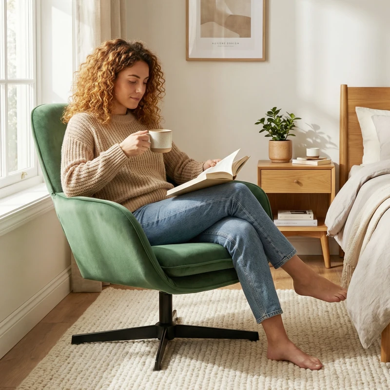 HOMCOM Fotoliu de Salon Rotativ 360° cu Pernă Lombară Detașabilă, Șezut Generos, Fotoliu Tapițat Modern din Catifea cu Cotiere, pentru Living, 73x83.5x85 cm, Verde