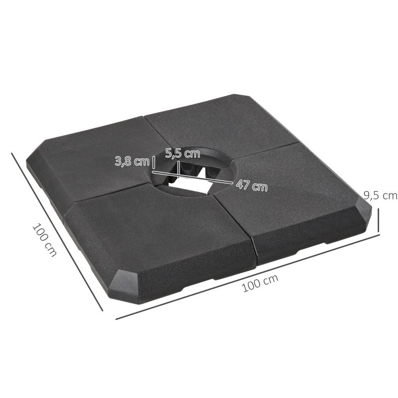 Outsunny Pied de parasol lot de 4 dalles pour parasol à lester - A remplir d'eau jusqu'à 80 kg ou de sable jusqu'à 120 kg - dim. tot. 100L x 100l x 9,5H cm HDPE noir