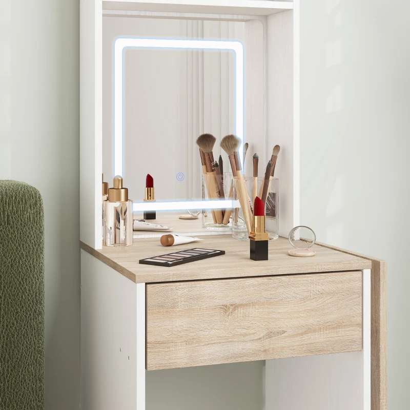 HOMCOM Small Vanity Desk with Mirror and LED Lights, Compact Dressing Table with Drop Leaf, Open Shelves and Drawer, White