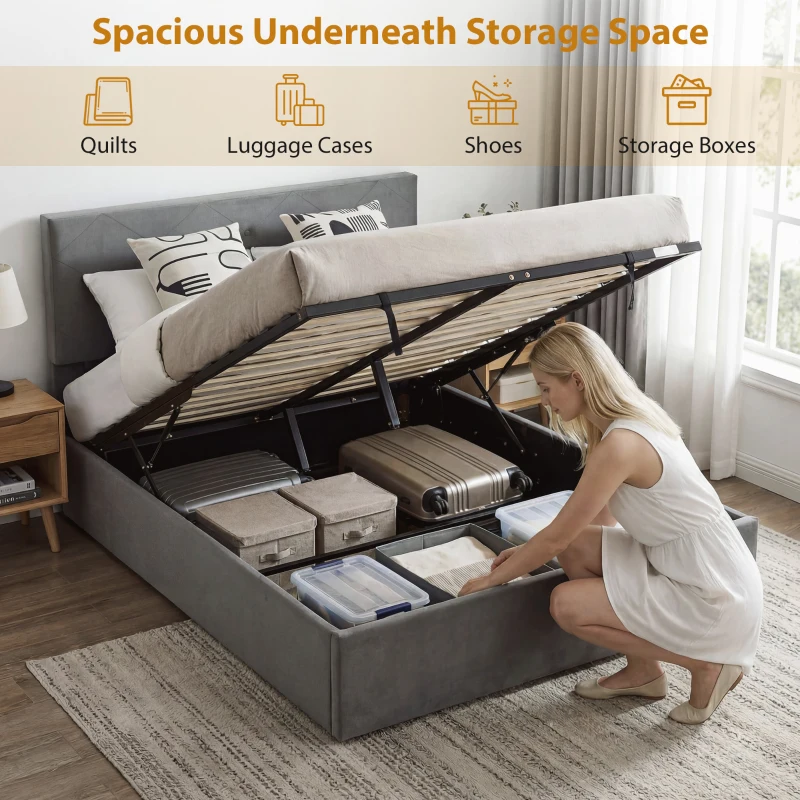HOMCOM Double Bed Frame Gas Side Lift Under Bed Storage Upholstered Platform Bed Tufted Headboard for 140 x 190 cm Mattress