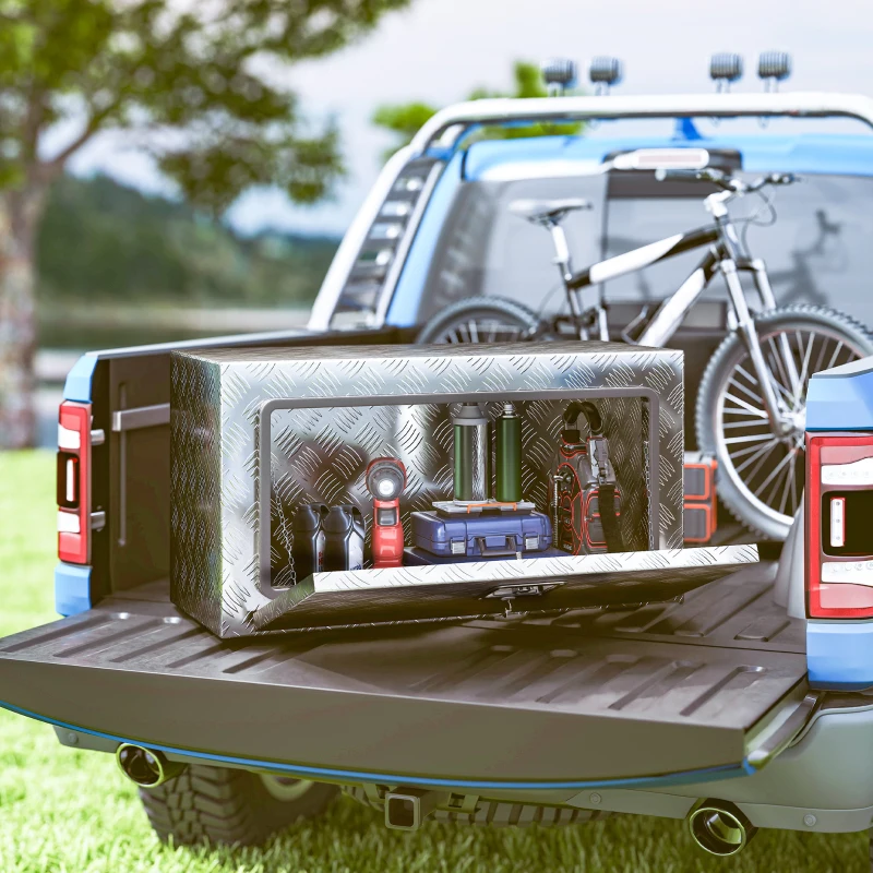 HOMCOM Cutie de Unelte din Aluminiu cu Încuietoare și 2 Chei, Cutie de Depozitare 96L, Rezistentă și Impermeabilă, pentru Pick-Up, Camper, Remorci, 76,2x35,5x40,6cm, Argintiu