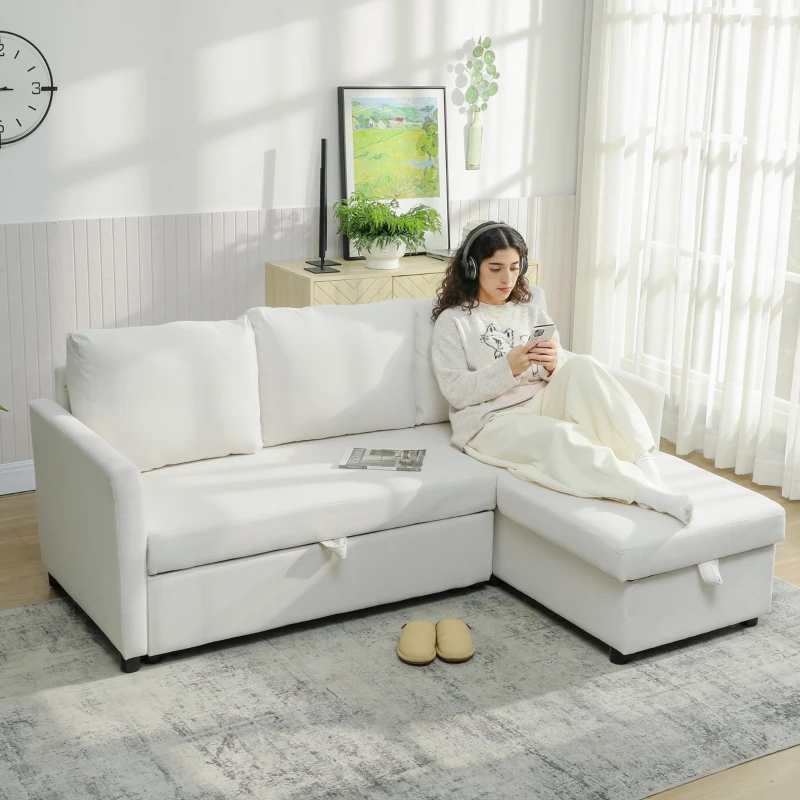 HOMCOM Divano Letto Angolare Effetto Lino con Vano Portaoggetti a Scomparsa, 192x148x86 cm, Bianco Crema