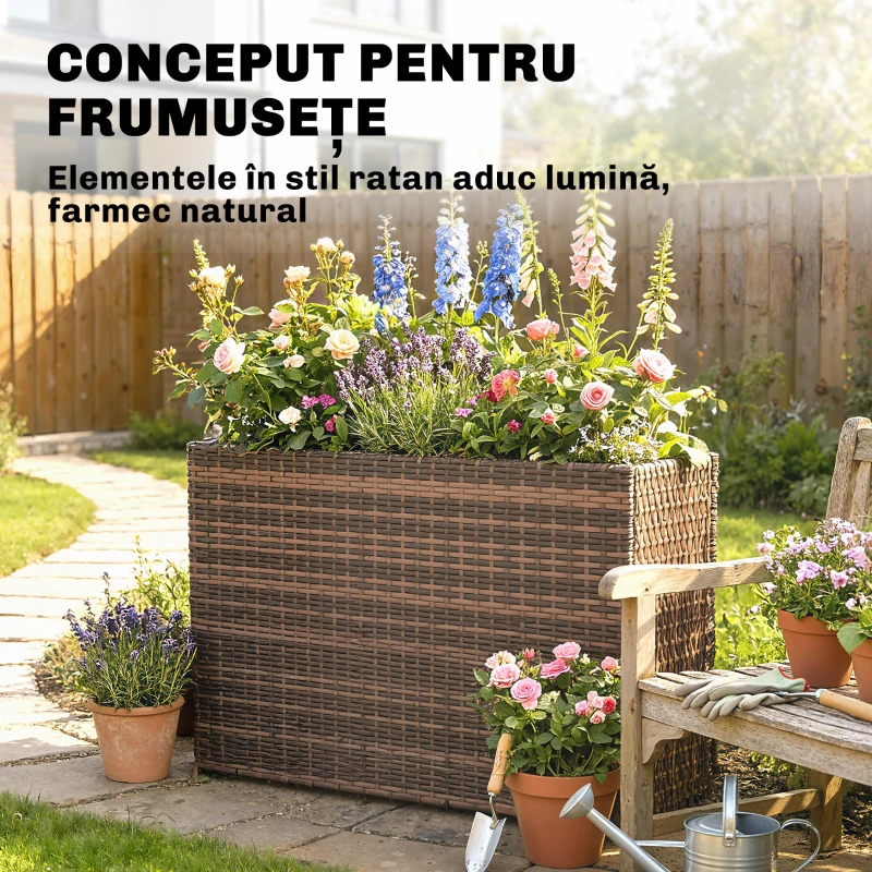 Outsunny Strat Înălțat pentru Grădină 45L din Ratan, cu Orificii de Drenaj și Picioare Reglabile, Maro