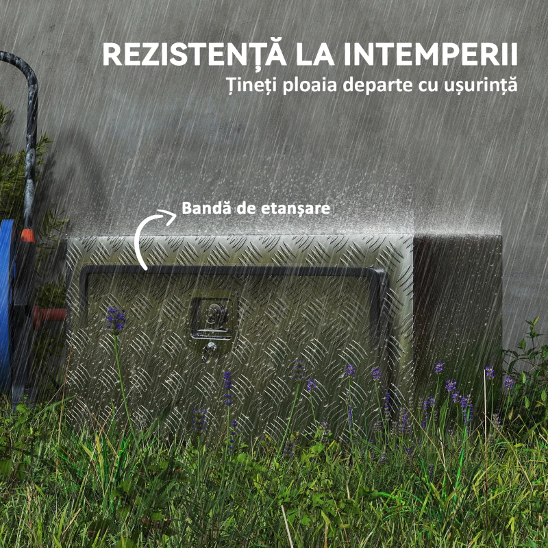HOMCOM Cutie de Unelte din Aluminiu cu Încuietoare și 2 Chei, Cutie de Depozitare 96L, Rezistentă și Impermeabilă, pentru Pick-Up, Camper, Remorci, 76,2x35,5x40,6cm, Argintiu