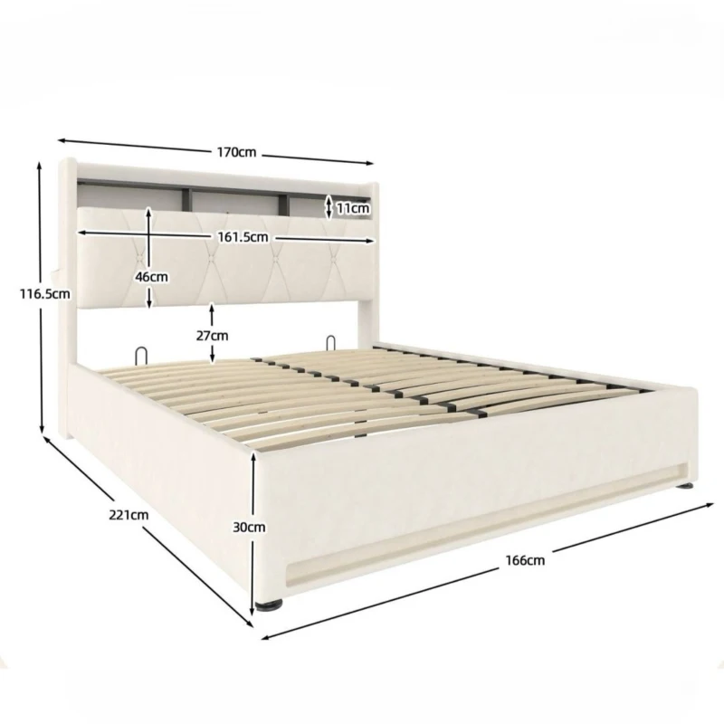 Lit rembourré avec tête de lit LED et coffre de rangement, sommier à lattes à vérin à gaz, sans matelas, 160x200 cm, Beige