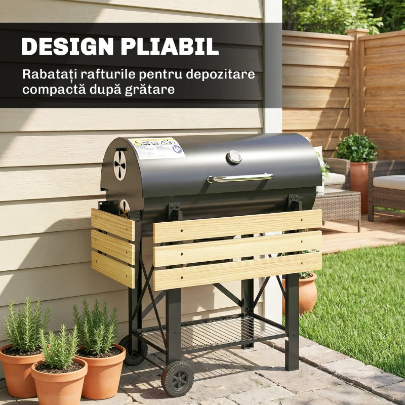 Outsunny Grătar cu Cărbuni, Grilă Mobilă cu Rafturi Pliabile și Termometru