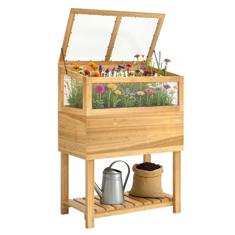 Outsunny Jardinieră înaltă cu seră din lemn, ladă de plantare ridicată cu capac rabatabil, raft, material nețesut, ergonomic