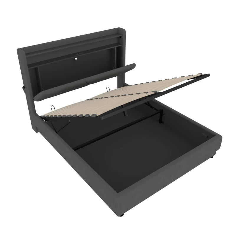 Lit rembourré avec tête de lit LED et rangement, sommier à lattes avec vérins à gaz, sans matelas, 140x200 cm, Gris