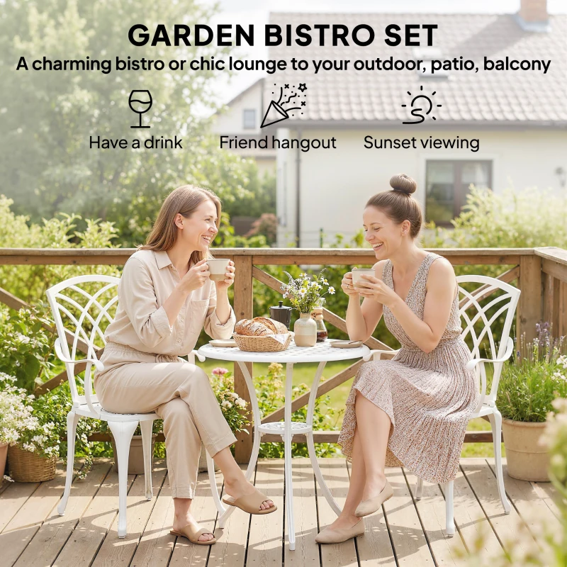 Outsunny 3 Pieces Garden Bistro Set, Cast Aluminium Outdoor Dining Set with 2 Chairs and Round Table with Parasol Hole, White