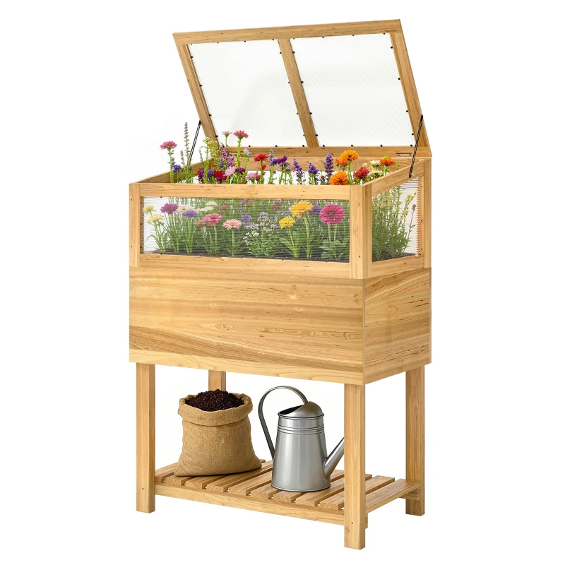 Outsunny Jardinieră înaltă cu seră din lemn, ladă de plantare ridicată cu capac rabatabil, raft, material nețesut, ergonomic
