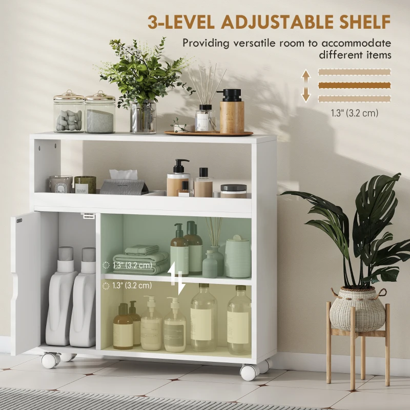 HOMCOM Dulap de Baie cu Roți, Raft Reglabil, Ușă Glisantă din Sticlă Călită, Alb