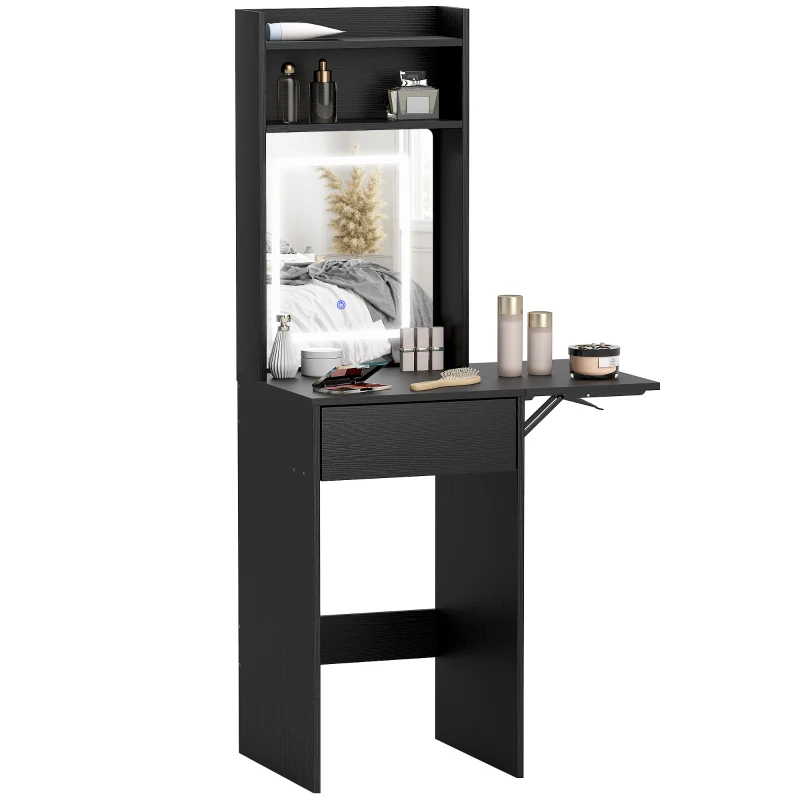 HOMCOM Small Vanity Desk with Mirror and LED Lights, Compact Dressing Table with Drop Leaf, Open Shelves and Drawer, Black