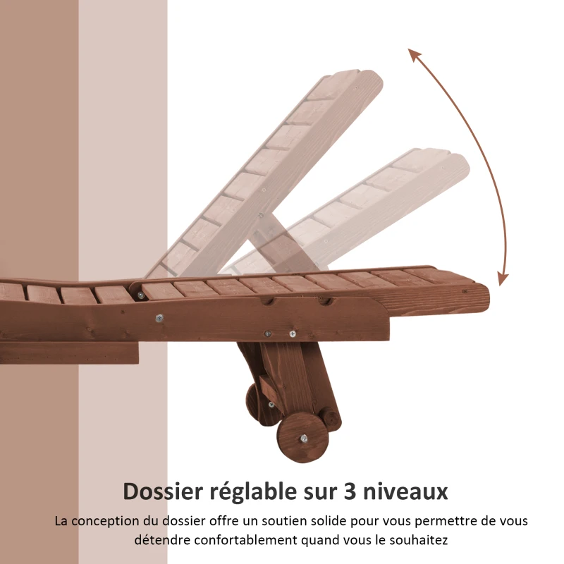 Outsunny Bain de Soleil transat Style Colonial Dossier réglable 3 Positions roulettes Tablette Support Bois Sapin pré-huilé